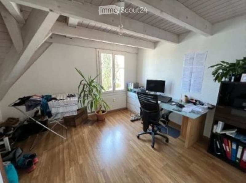 Bright, slanted-ceiling room with wooden flooring, a desk setup, a chair, a computer, a potted plant, and a bookshelf. An ironing board is visible near the window.
