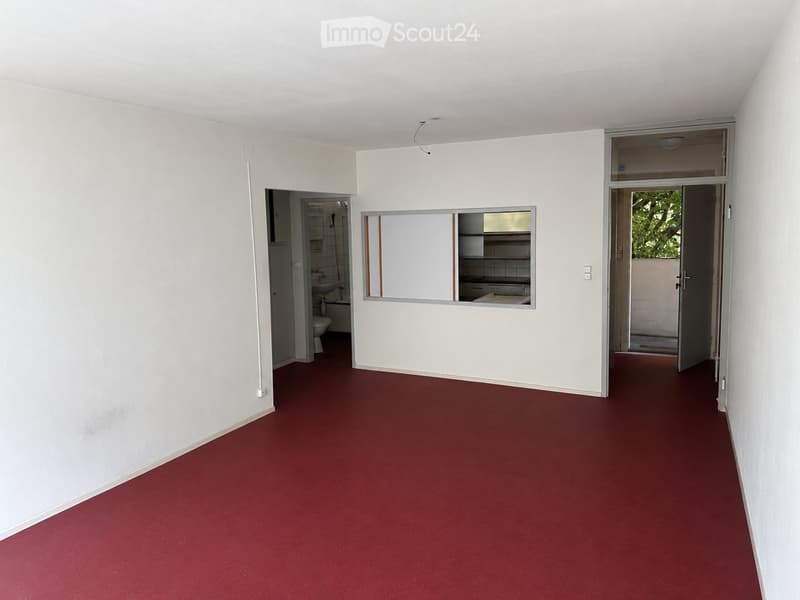 Empty hallway with red carpeting and white walls, featuring open doors leading to a bathroom and a small kitchen area.