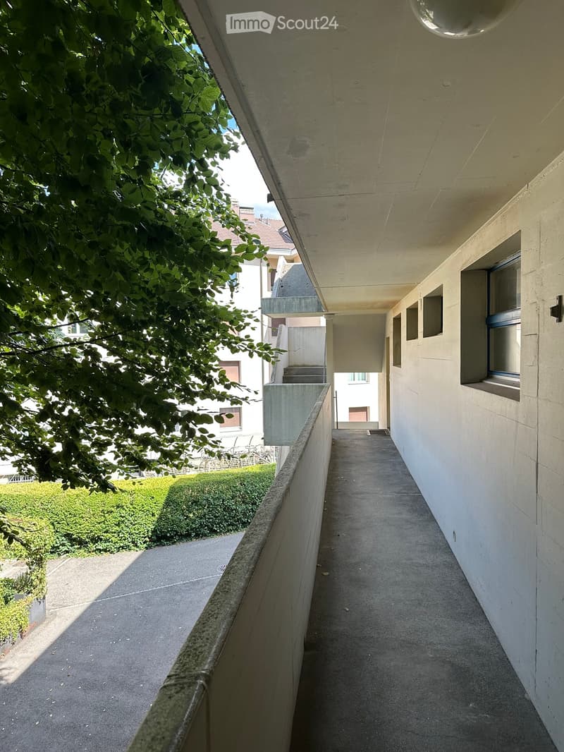 A narrow concrete corridor with a railing on one side, leading to a staircase and adjacent building. The corridor has small square windows and is bordered by greenery and a hedge.