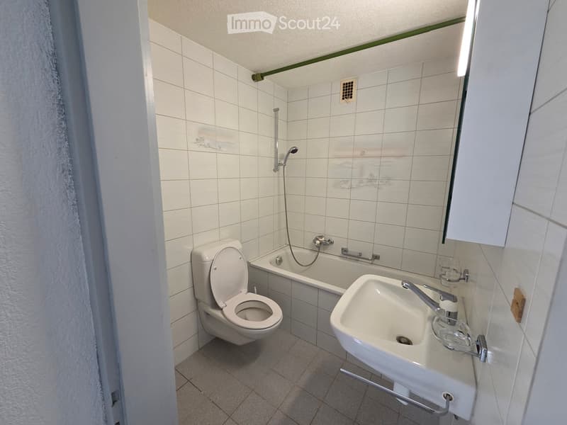 A small bathroom with white tiled walls and floor, featuring a toilet, a sink with a mirror, and a bathtub with a handheld shower.