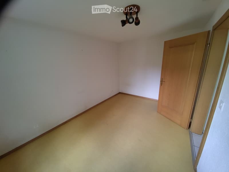 Unfurnished Room. Empty room with light-colored walls and a wooden floor, featuring a wooden door and a ceiling light fixture.