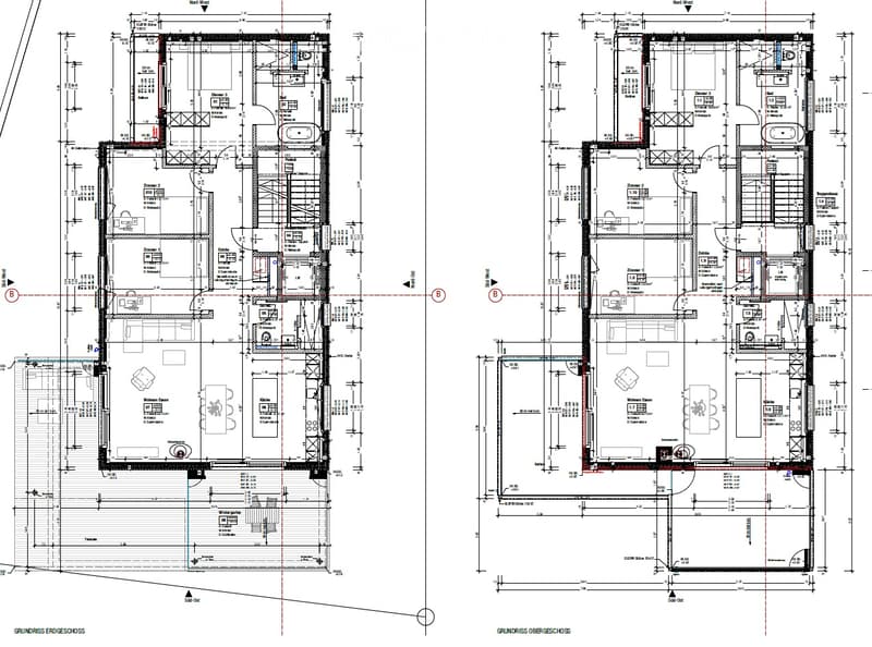 Floor plan of a two-story building showing ground floor and upper floor layouts, including living spaces, bedrooms, bathrooms, and technical rooms.