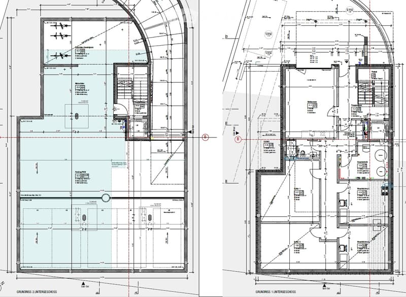 Floor plan of a two-story building, showing layout of rooms, dimensions, and structural details for both ground and first floors.