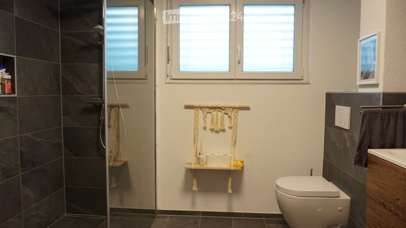 Modern bathroom with dark tiles, a glass-enclosed shower, a toilet, a wooden shelf with toiletries, and a decorative woven hanging on the wall.