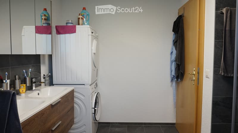 Bathroom with a sink, faucet, washing machine, mirror, and cabinet. Toothbrushes and toothpaste are visible on the sink counter. A towel hangs on the door.