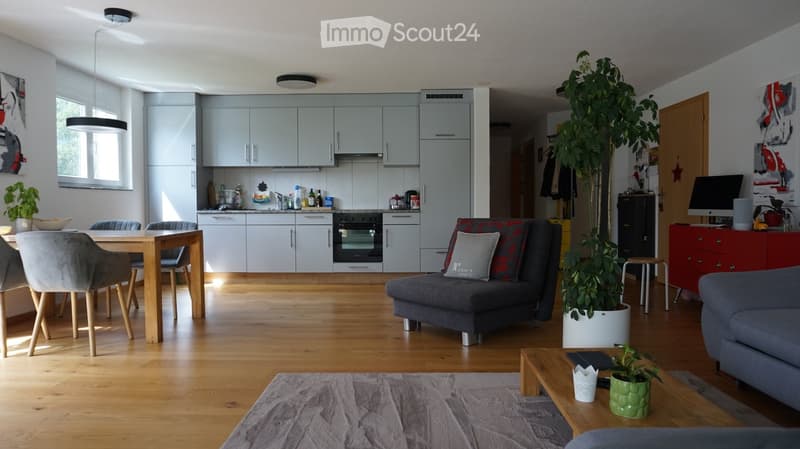 Open-plan living and dining area with modern grey furniture, wooden flooring, and integrated kitchen with grey cabinets and stainless steel appliances.