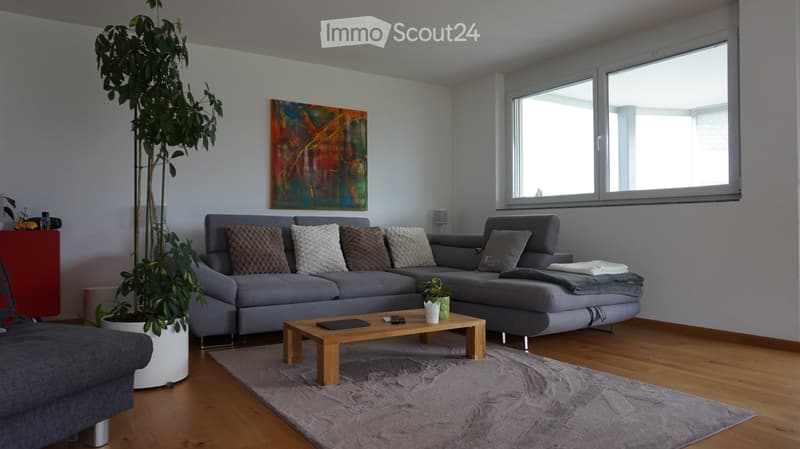 Modern living room with grey sectional sofa, wooden coffee table, large potted plant, and abstract art on the wall.