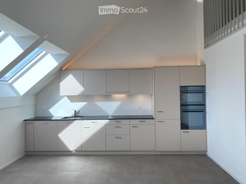 Modern kitchen with white cabinets, stainless steel sink, and built-in oven. Natural light from skylights illuminates the space.