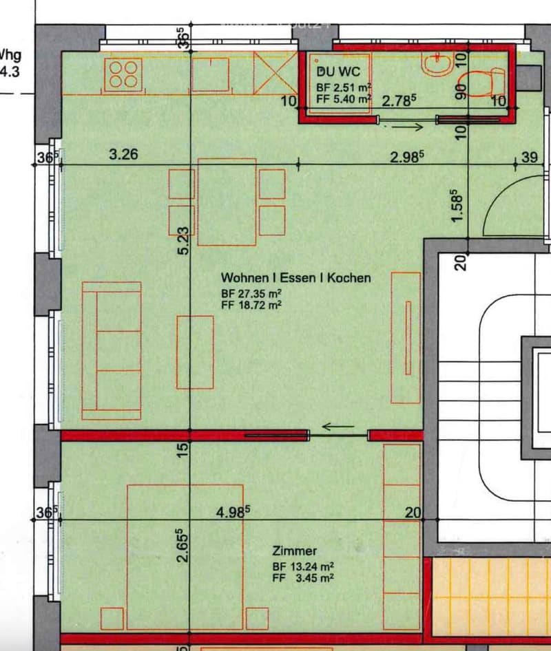 Floor plan showing a living/dining/kitchen area, a bedroom, and a bathroom with dimensions and room labels.