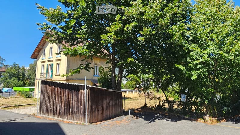 Two-story house with yellow facade, multiple windows, and a wooden fence in front. There is a large tree providing shade and a parking sign visible.