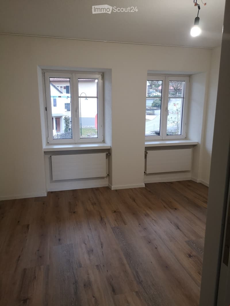 Empty room with wooden flooring, white walls, two windows with radiators, and a hanging light fixture.