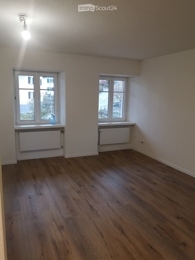 Empty room with wooden flooring, white walls, two windows, radiators, and a small blue vase on the windowsill.