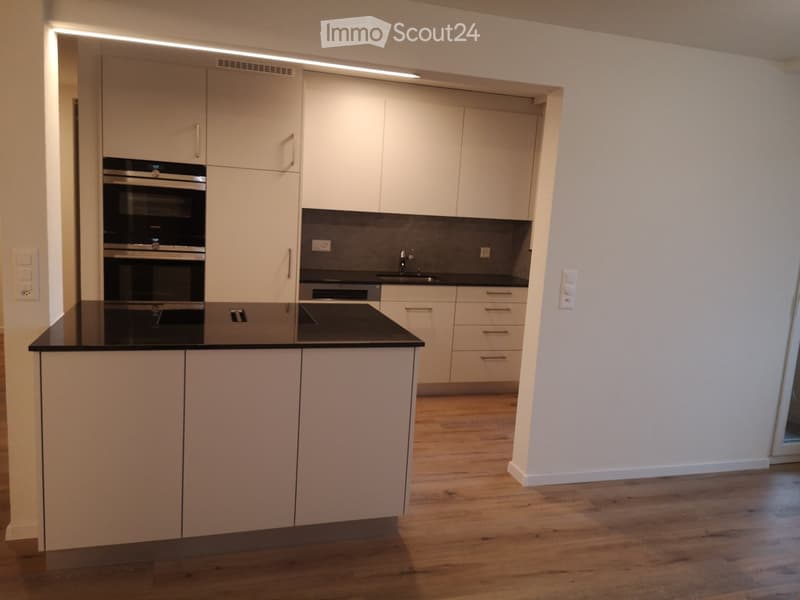 Modern kitchen with white cabinets, black countertop, built-in oven, and sink.