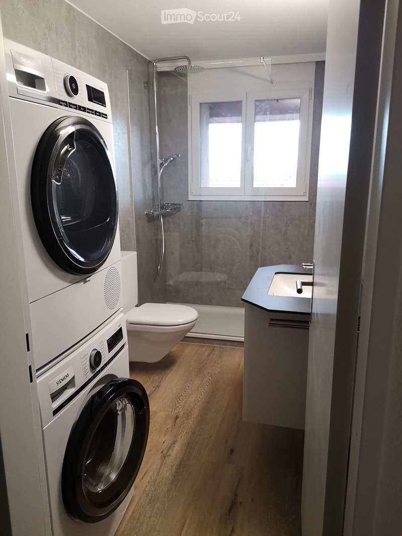 Modern bathroom with wooden flooring, a stacked washing machine and dryer, a toilet, a sink with a modern faucet, and a glass-enclosed shower area.