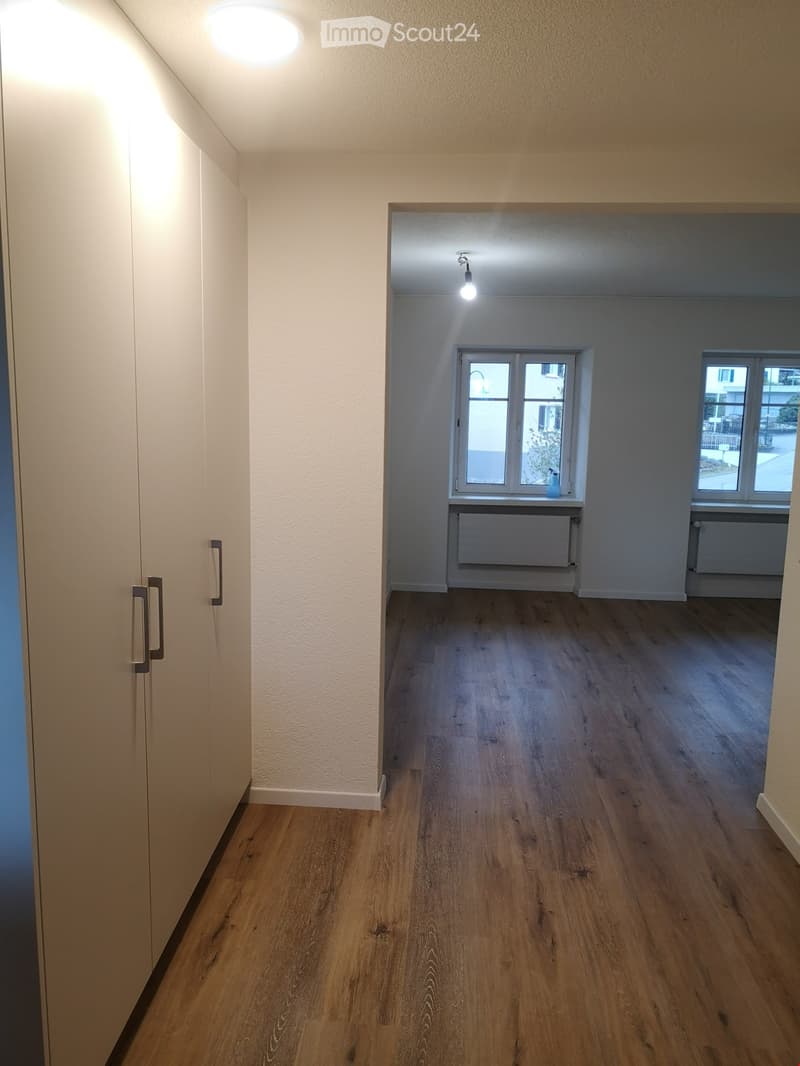Empty hallway with wooden flooring, white walls, and two windows with radiators underneath. A small blue vase is visible on one windowsill.
