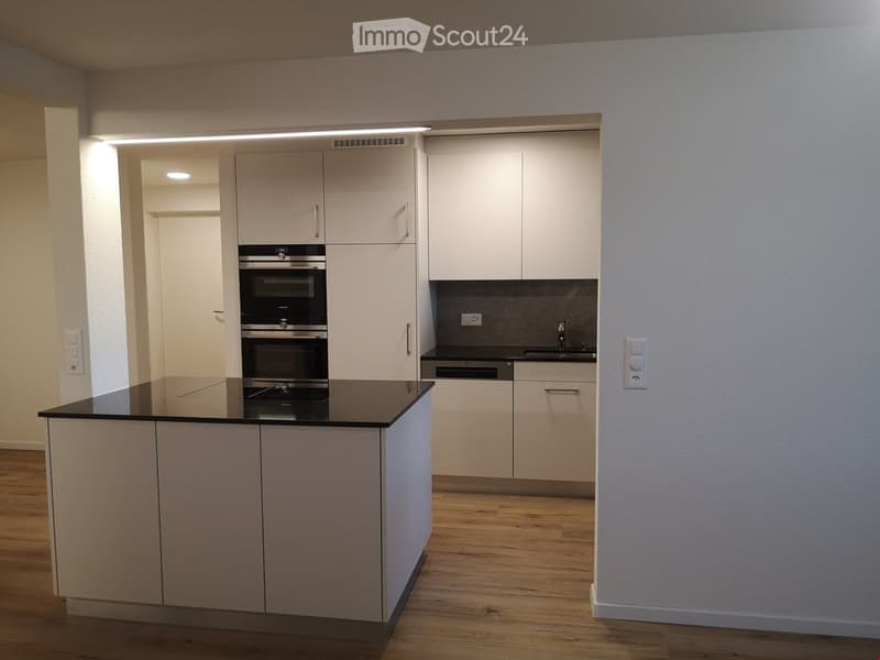 Modern kitchen with white cabinets, black countertop, built-in oven, sink, and faucet.
