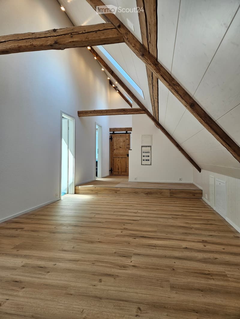 Empty attic space with wooden beams, skylight, wooden floor, and white walls. No furniture or equipment present.
