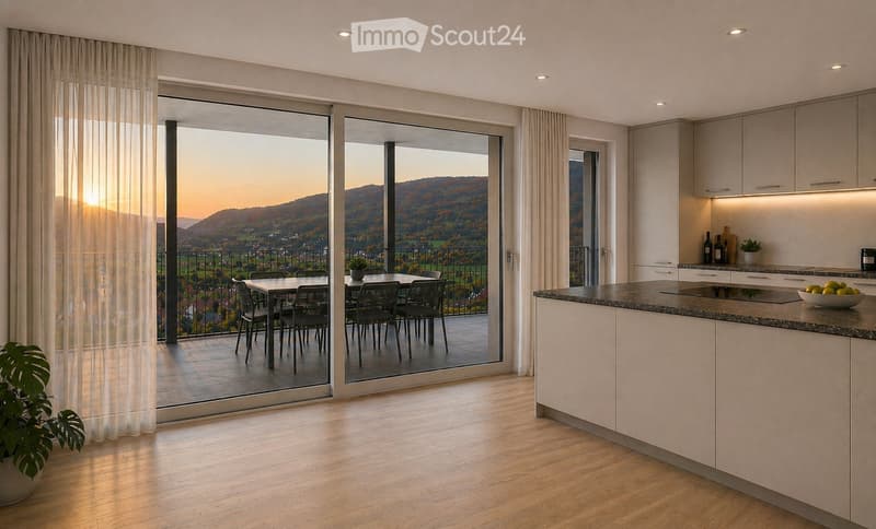 Modern kitchen with a large island, a dining table with chairs, and a scenic mountain view through large windows.