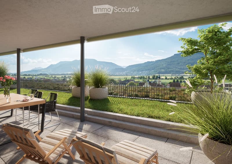 Balcony with a scenic mountain view, featuring a wooden table, chairs, lounge chairs, and decorative vases.