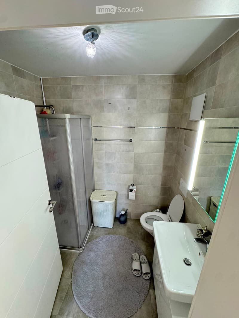 Modern bathroom with a white sink, toilet, shower, and a round rug on the floor. Includes a wicker basket, towel rack, and a light fixture on the ceiling.