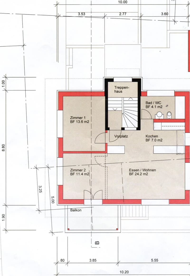 Floor plan showing a living/dining area, two bedrooms, a kitchen, a bathroom, a hallway, and a balcony.
