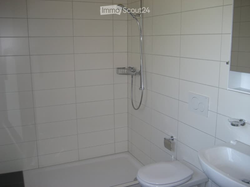 Modern bathroom with white tiles, a toilet, a sink, a shower, and a mirror.