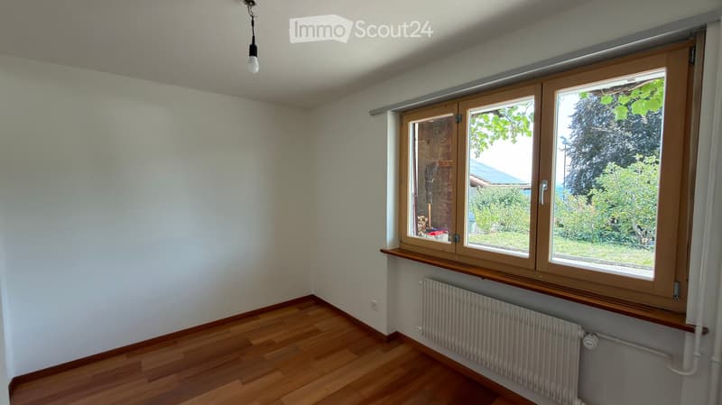 Empty room with wooden flooring, white walls, large windows with wooden frames, radiator, and a hanging light fixture.