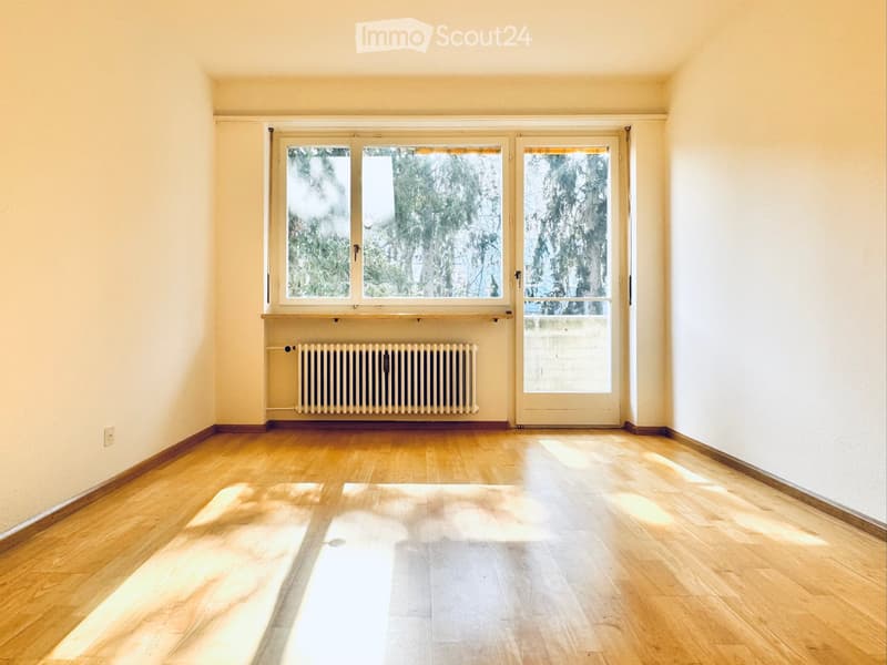 Empty room with wooden flooring, large windows, radiator, and a door leading outside.