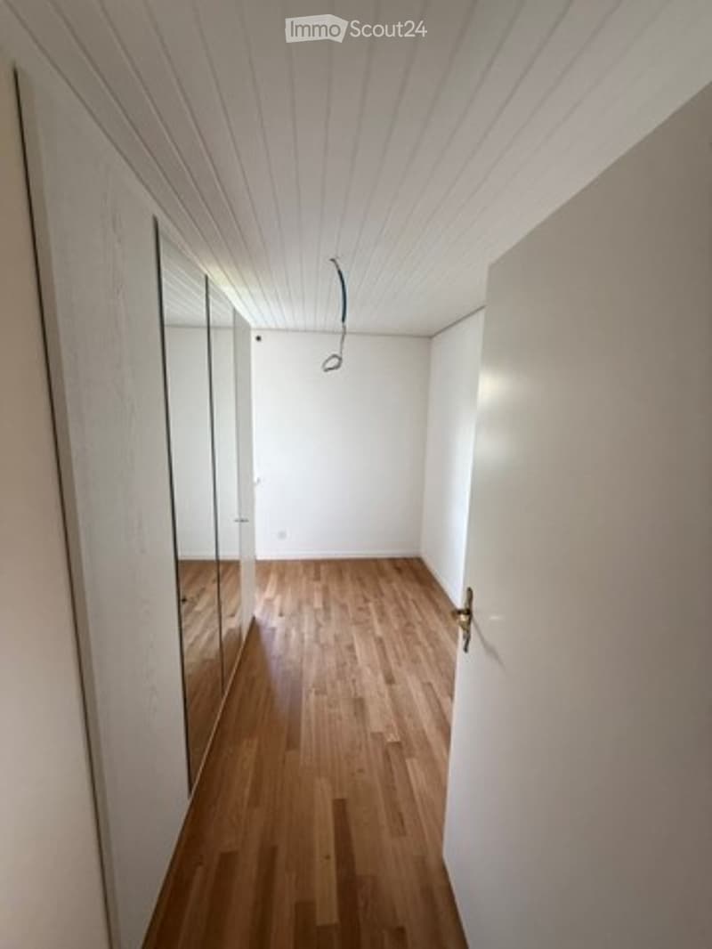 Empty hallway with wooden flooring, white walls, and a large mirror on one side.