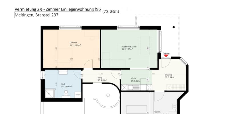 Floor plan of a 72.64m² apartment with a living/dining area, bedroom, bathroom, kitchen, hallway, and technical room.
