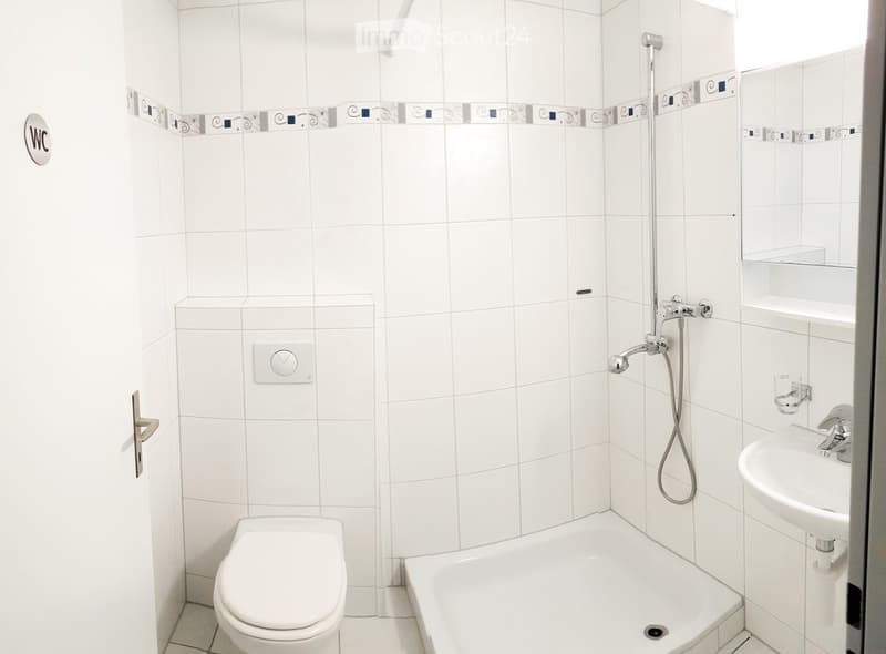 Modern bathroom with white tiles, a toilet, a sink, a bathtub, and a shower with a handheld sprayer. The walls feature decorative tiles near the top, and there is a WC sign on the wall.