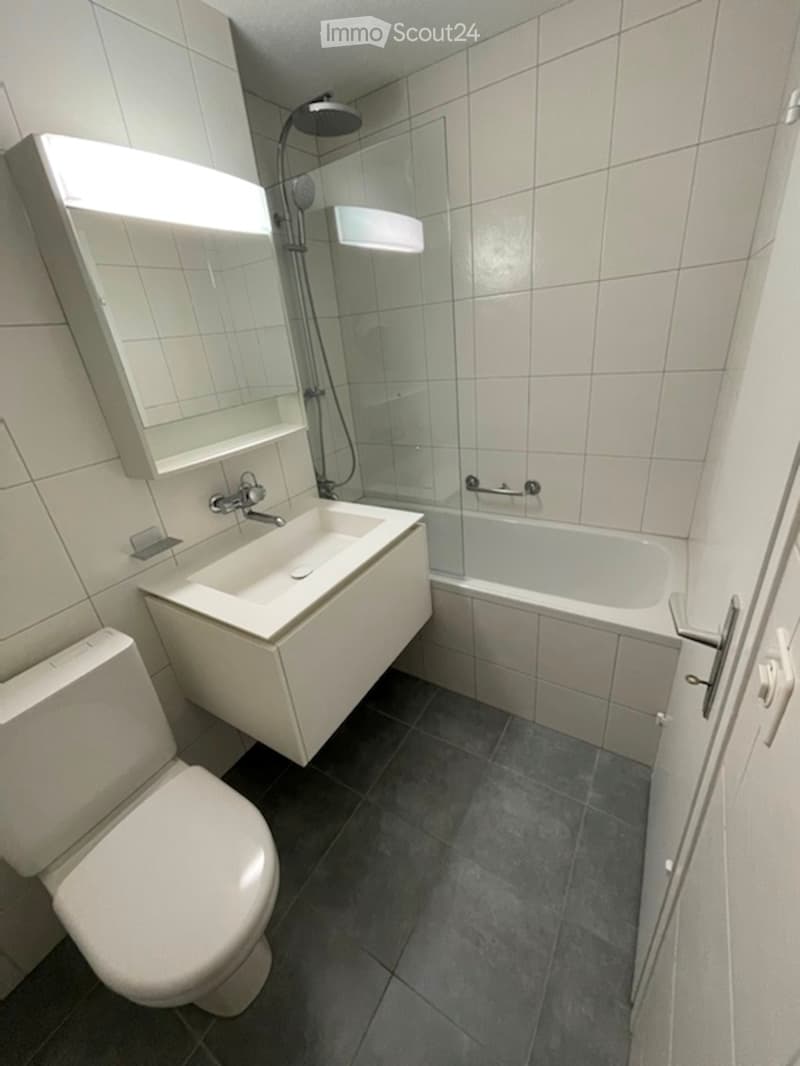 Modern bathroom with white tiles, a toilet, a sink with a cabinet, a bathtub, and a large mirror above the sink.