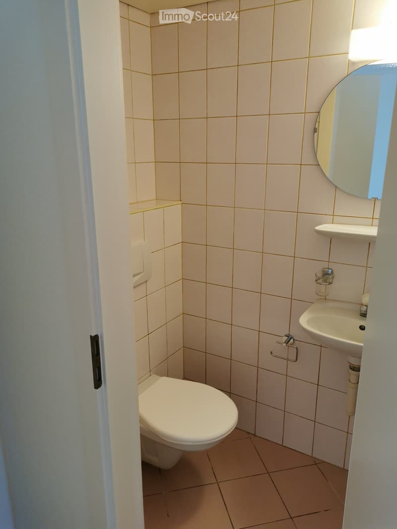 small compact bathroom with toilet, sink and mirror on wall