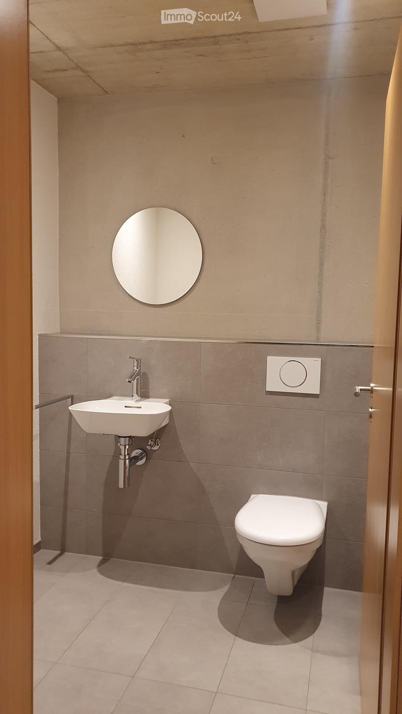 Modern bathroom with a white sink, chrome faucet, toilet, and round mirror on the wall.