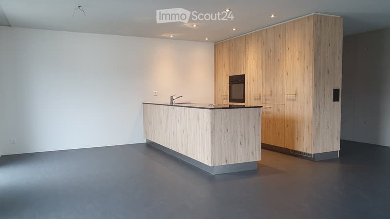 Modern kitchen design, wooden cabinets, countertops, kitchen island, oven, sink, and faucet, white walls, black floor.