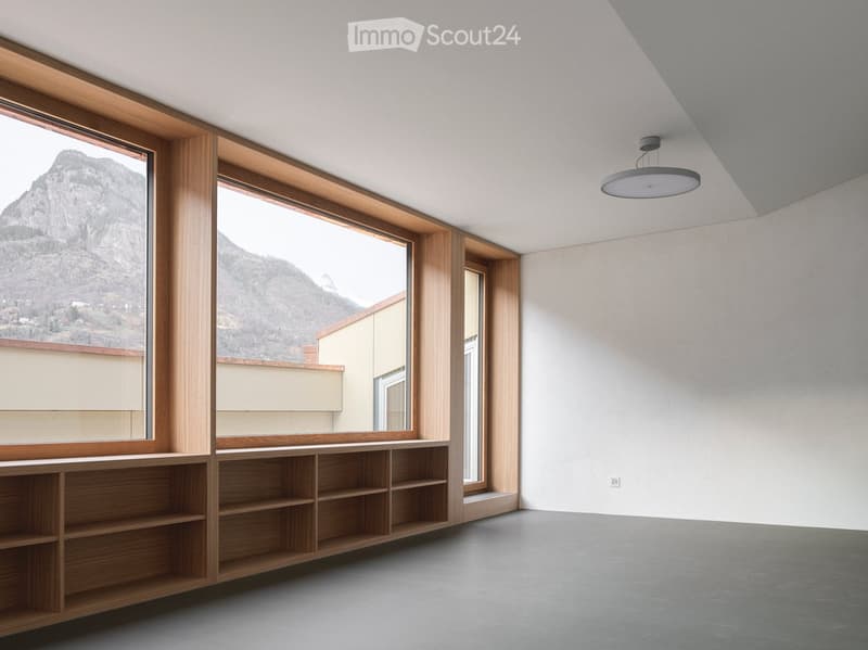 Empty room with large windows, wooden shelving unit, and a modern pendant light fixture. The view shows a mountain landscape.