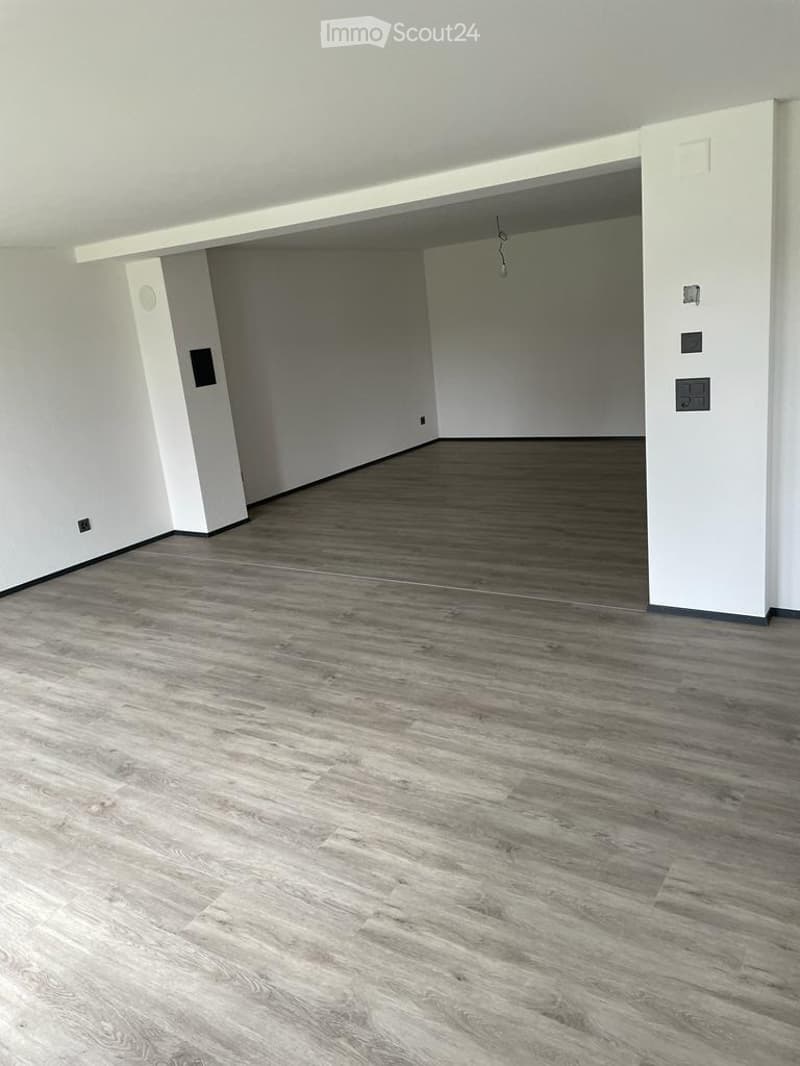 Empty room with light wooden flooring and white walls, featuring an open doorway leading to another space.