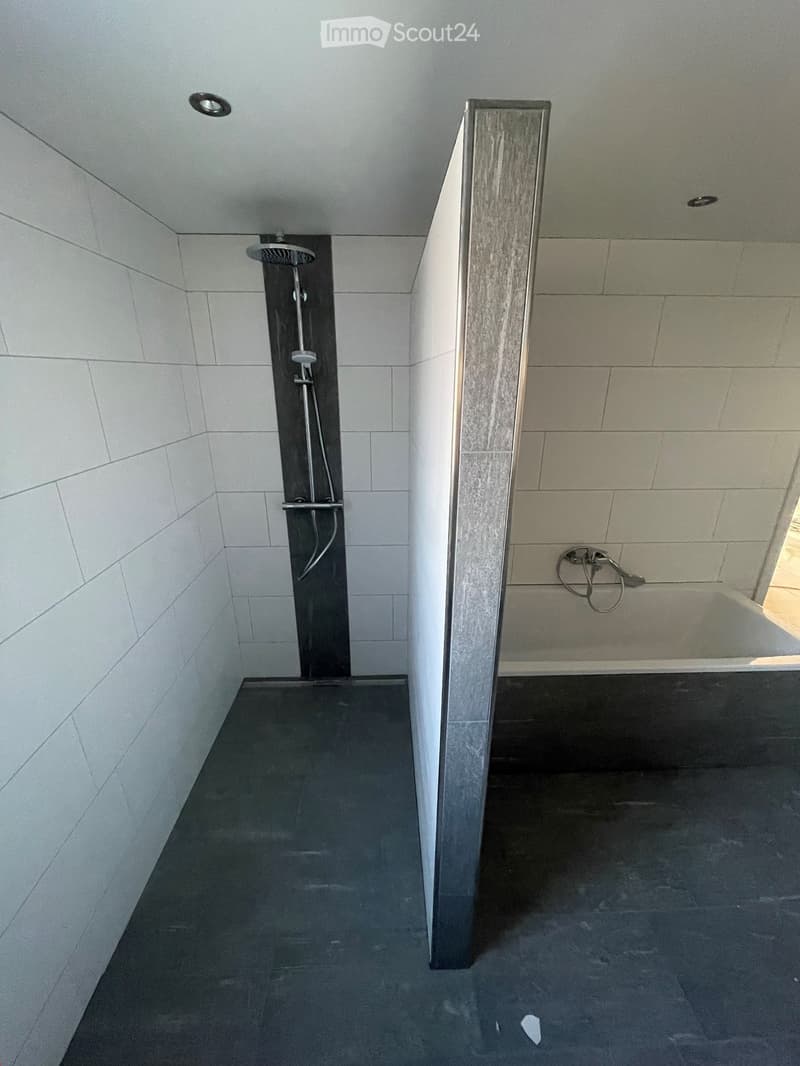 Modern bathroom with a stand-up shower and a bathtub, featuring sleek white tiles and a dark grey floor.