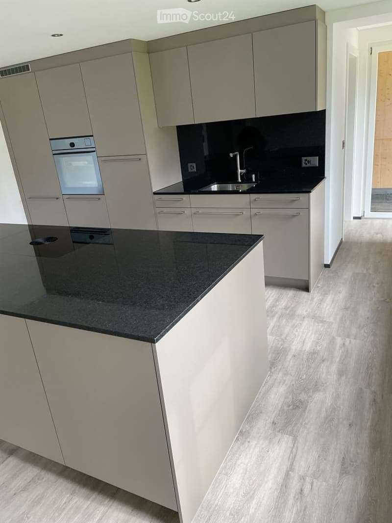 Modern kitchen with light grey cabinets, black countertops, and a central island. Features include a stainless steel sink, a built-in oven, and sleek hardware.