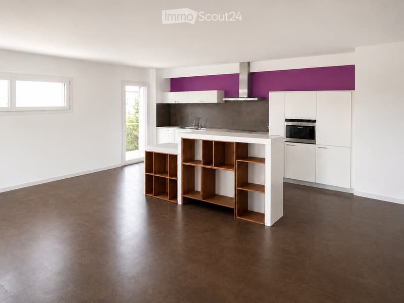 Modern kitchen with white cabinets, a central island with wooden shelves, a sink, and an oven. The floor is dark brown tiled, and the walls feature a purple accent above the cabinets.