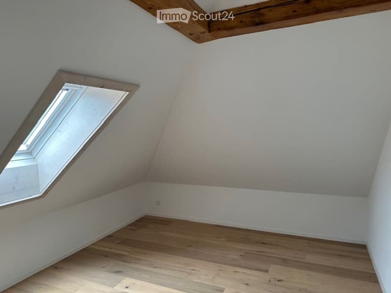 Empty attic room with wooden floor, white walls, and a skylight window.