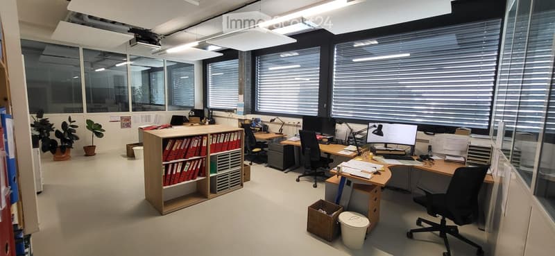 Office space with desks, chairs, computer screens, lamps, filing cabinets, and potted plants.