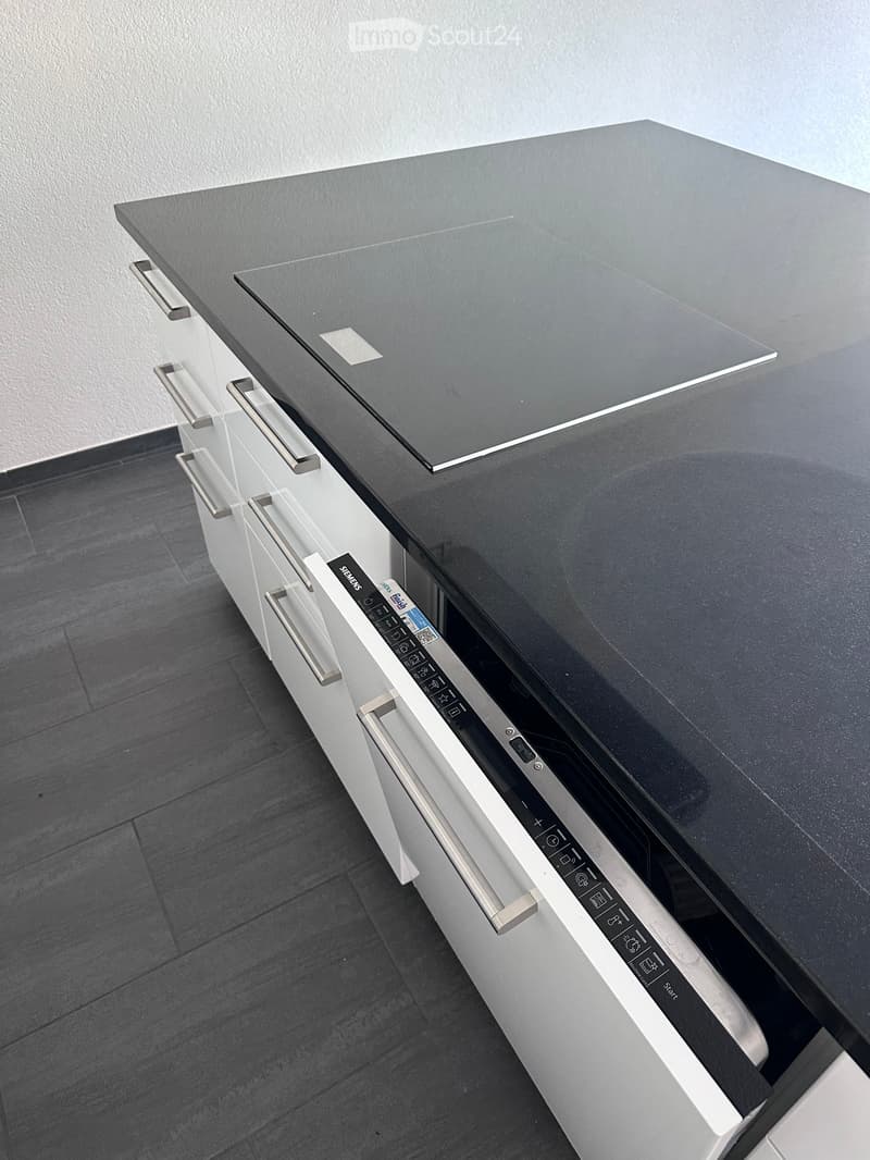 Modern kitchen with a sleek black countertop and a built-in dishwasher. The island features stainless steel handles and a glossy finish.