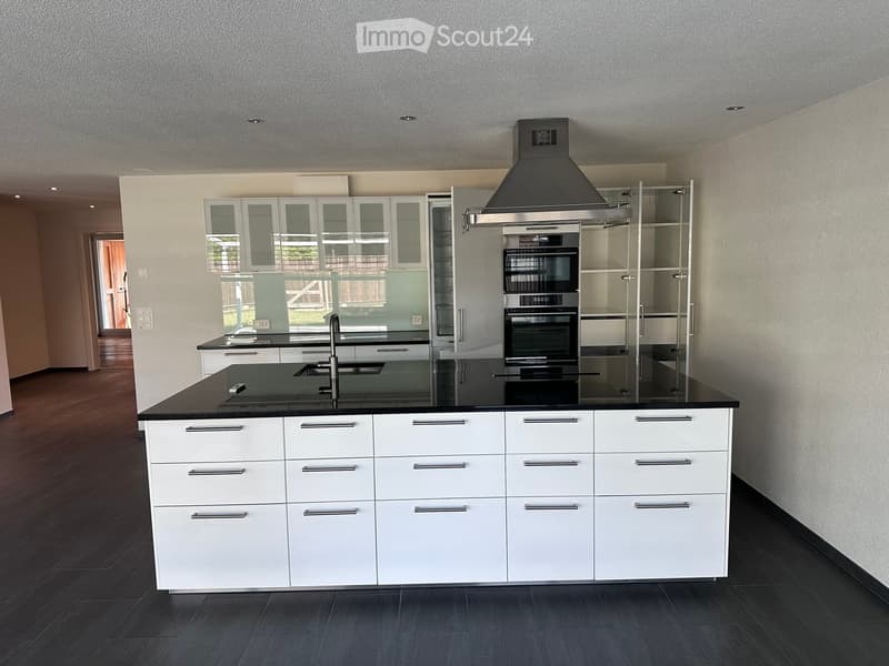 Modern kitchen with white cabinets, black countertops, stainless steel appliances, and a central island.
