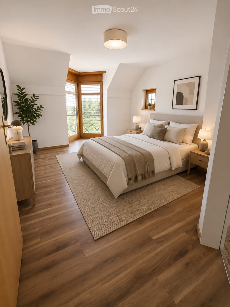 Modern bedroom with wooden floors, large bed, nightstands, lamps, and a view through a large window.