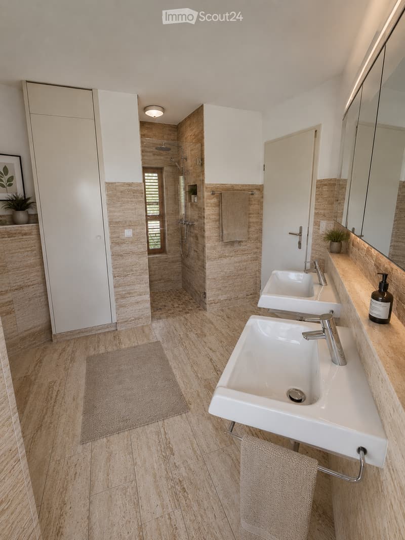 Modern bathroom with two white sinks, chrome faucets, a large mirror, a shower area with wooden tiles, and a small plant on the cabinet.