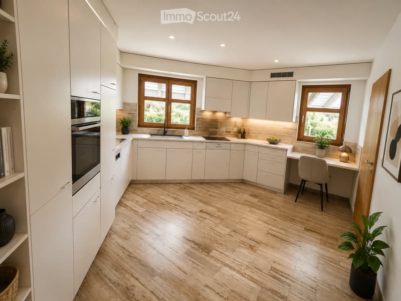 Modern kitchen with white cabinets, wooden flooring, and built-in appliances including an oven and sink. Features a small workspace area with a chair and table, along with decorative elements like potted plants and a framed picture.