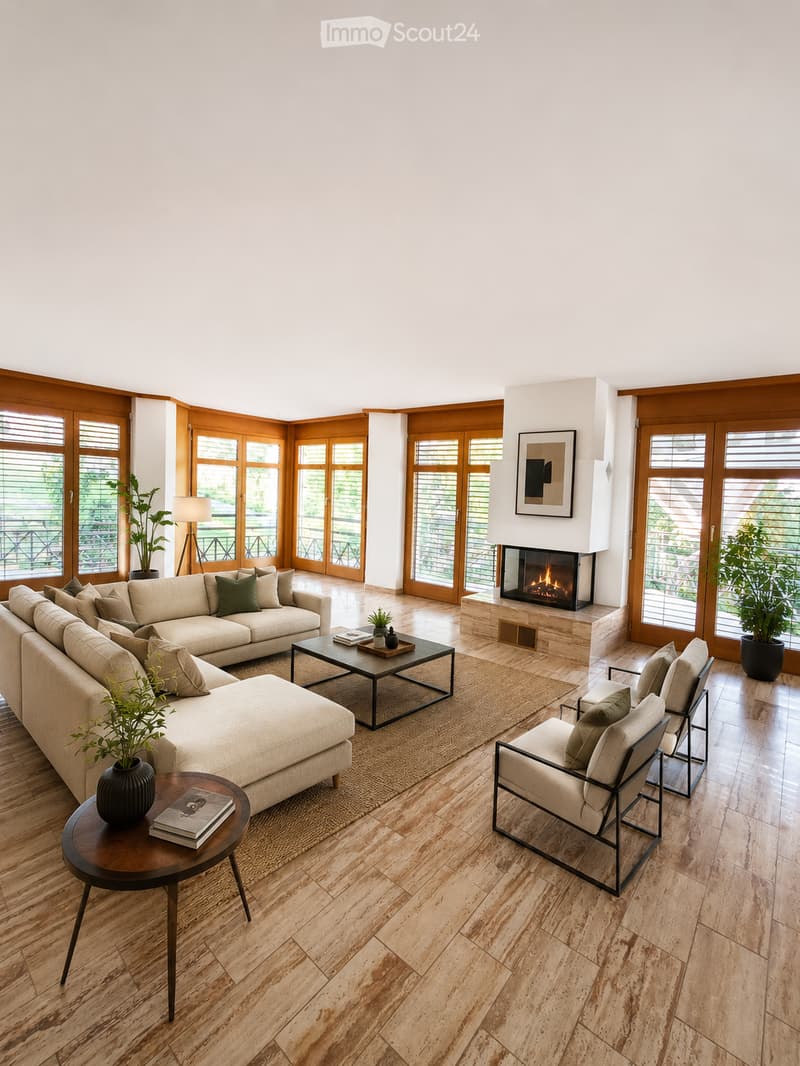 Modern living room with a large sectional sofa, coffee table, fireplace, side table, and chairs. Large windows and wooden flooring.