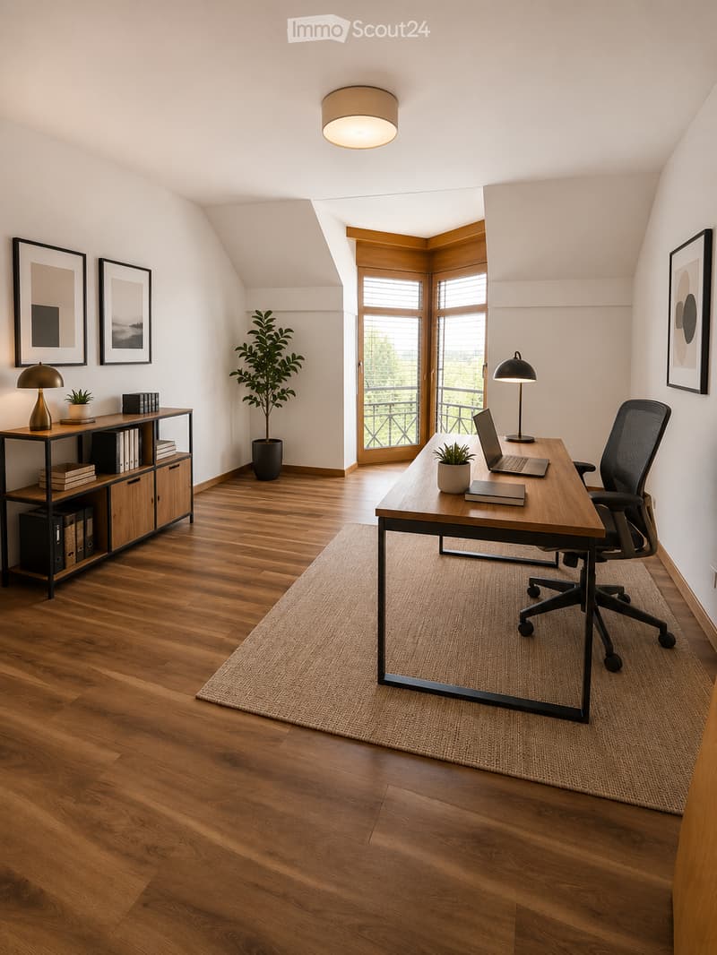 Modern, well-lit office space with wooden flooring, large windows, and a balcony view. Features a desk with a laptop, a comfortable chair, a bookshelf, and decorative plants.