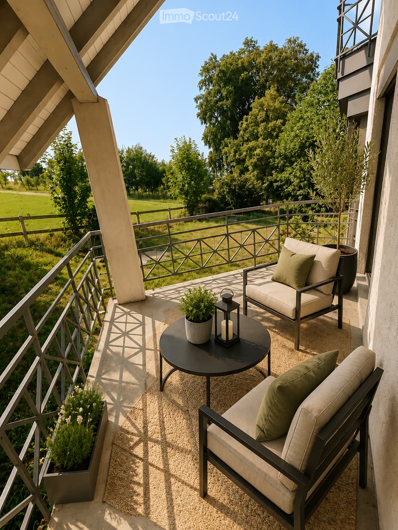 Balcony with a sofa, chair, small round table, lantern, and potted plants, overlooking a green landscape.